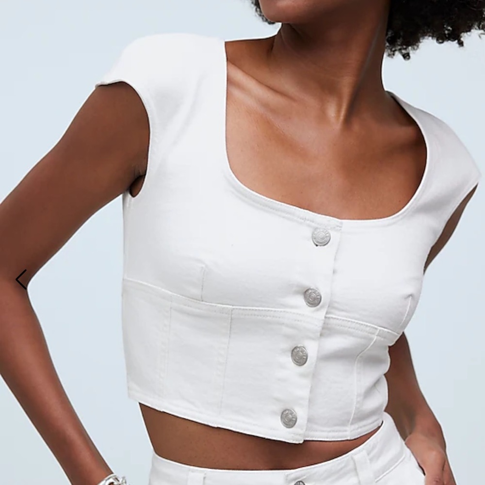 Madewell White Button-Front Cropped Scoop Neck Top